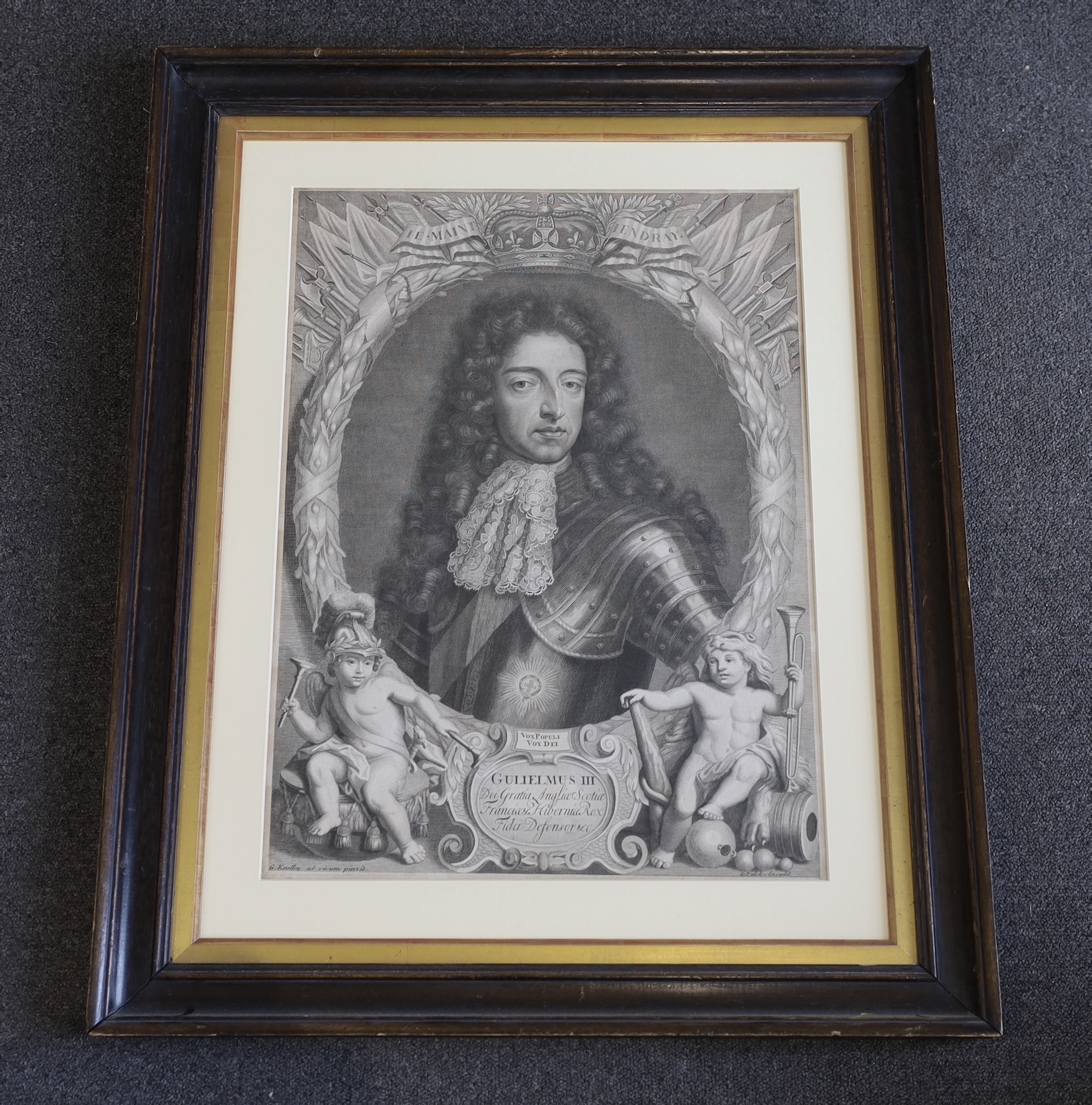 Gerard Valk after Sir Godfrey Kneller, copper engraving, 'Gulielmus III', visible sheet 56 x 41cm, label from Sanders of Oxford verso